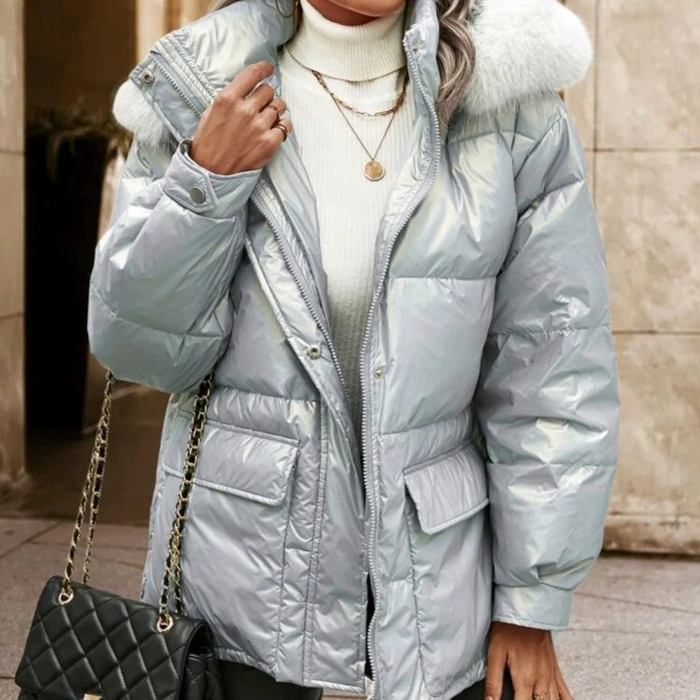 Flap Pocket Fuzzy Trim Hooded Coat